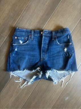Levi’s Dark Blue Distressed Denim Shorts - Women's High-Rise Cutoff